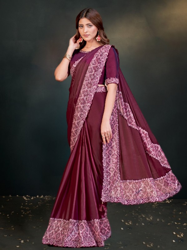 Plum Crepe Satin Silk Ready To Wear Saree